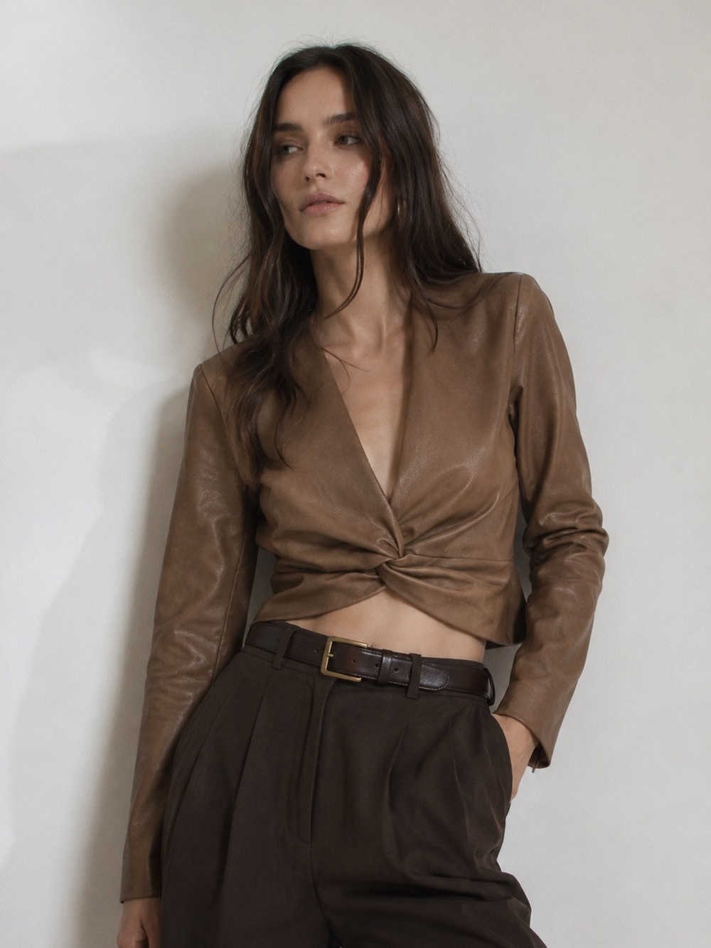 7 FOR ALL MANKIND Cognac Faux Leather Top | V-Neck | Twist Front Cropped Blouse